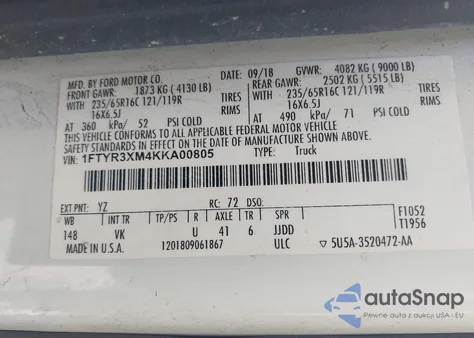 2019 Ford Transit-250 z USA, uszkodzony, nr VIN 1FTYR3XM4KKA00805